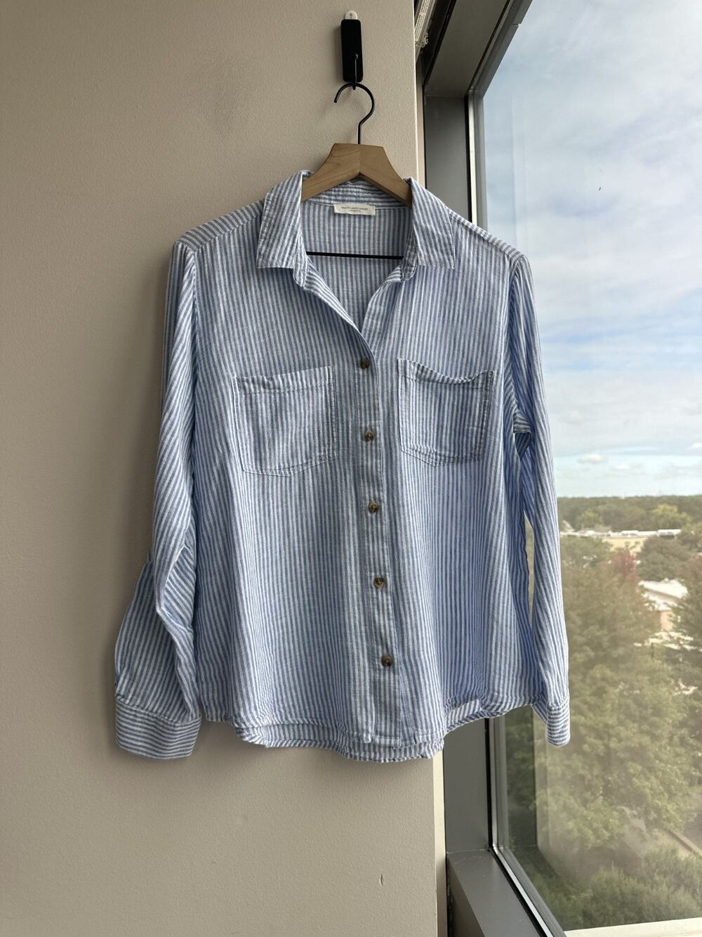 Beachlunchlounge Blue White Vertical Stripe Button Down Linen Cotton Shirt Sz M